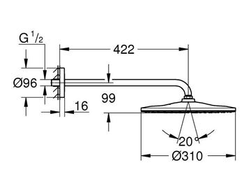 GROHE RAINSHOWER MONO 310 horná sprcha pr. 310 mm, s ramenom, Water Saving, chróm 26558000 Technický nákres