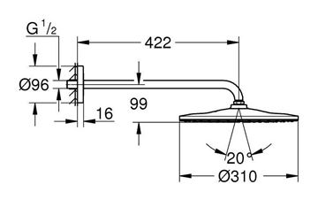 GROHE RAINSHOWER MONO 310 horná sprcha pr. 310 mm, s ramenom, Water Saving, phantom black 22121KF0 Technický nákres