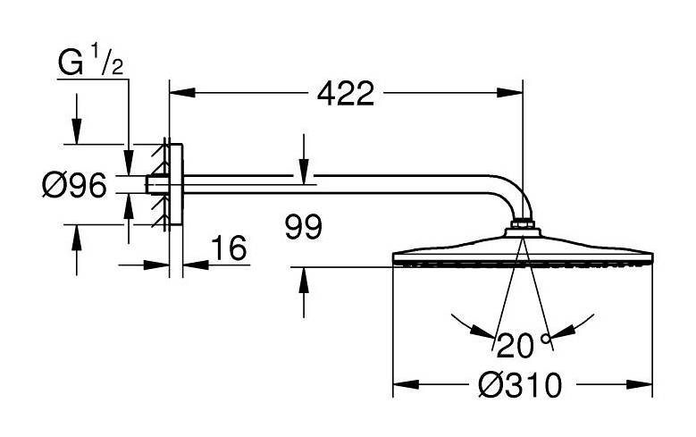GROHE RAINSHOWER MONO 310 horná sprcha pr. 310 mm, s ramenom, Water Saving, phantom black 22121KF0 Technický nákres