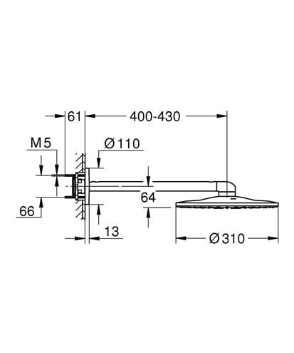 GROHE RAINSHOWER SMARTACTIVE 310 horná sprcha pr. 310 mm, 2 prúdy, s ramenom, phantom black 22123KF0 Technický nákres