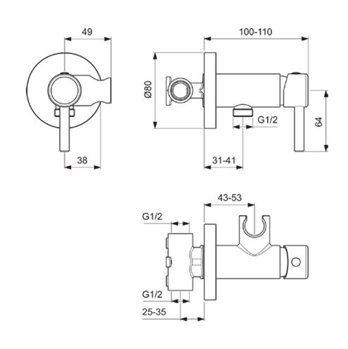 IDEAL STANDARD IDEALSPRAY bidetová podomietková batéria, s telesom, chróm A5809AA Technický nákres