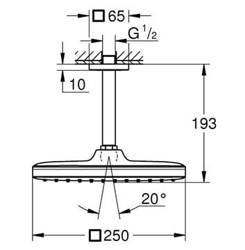 GROHE TEMPESTA 250 CUBE horná sprcha 250x250 mm, s ramenom, Water Saving, chróm 26683000 Technický nákres