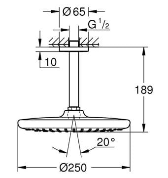 GROHE TEMPESTA 250 horná sprcha pr. 250 mm, s ramenom, Water Saving, biela/chróm 26669000 Technický nákres