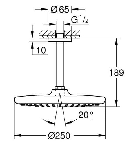 GROHE TEMPESTA 250 horná sprcha pr. 250 mm, s ramenom, Water Saving, biela/chróm 26669000 Technický nákres