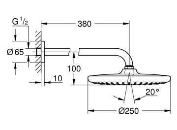 GROHE TEMPESTA 250 horná sprcha pr. 250 mm, s ramenom, Water Saving, biela/chróm 26668000 Technický nákres