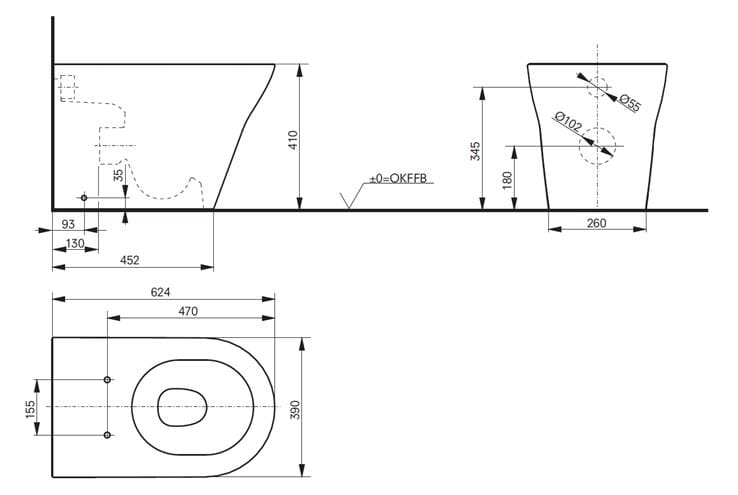 TOTO MH stacionárne WC, Rimless splachovanie, zadný odpad CW163Y Technický nákres