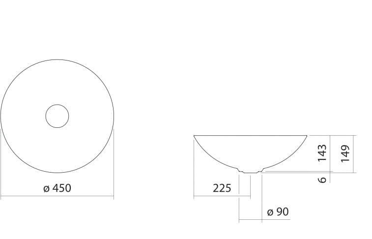 ALAPE SB. TERRA 450 umývadlová misa 45 cm, bez prepadu, ustricová matná H512CA57081121 Technický nákres