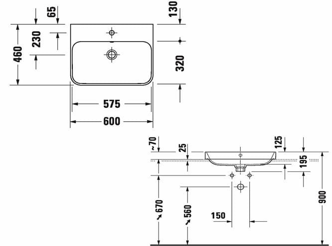 DURAVIT HAPPY D.2 PLUS umývadlo 60 cm, s otvorom pre batériu a prepadom, biela/matná čierna 2360606100 Technický nákres