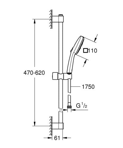GROHE TEMPESTA CUBE 110 sprchová súprava 3-dielna, ručná sprcha 110x110 mm, 3 prúdy, hadica, tyč, Water Saving, chróm 27579003 Technický nákres