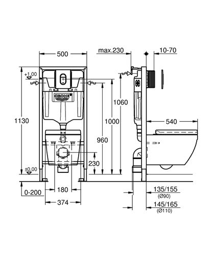 GROHE RAPID SL závesné WC s montážnym prvkom GROHE RAPID SL, Rimless splachovanie, SoftClose sedadlo, chrómové tlačidlo 36503000 Technický nákres