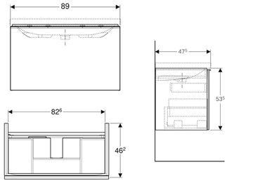 GEBERIT ACANTO skrinka pod umývadlo 89x47,5x53,5 cm, 1 zásuvka, čierna 500.612.16.1 Technický nákres