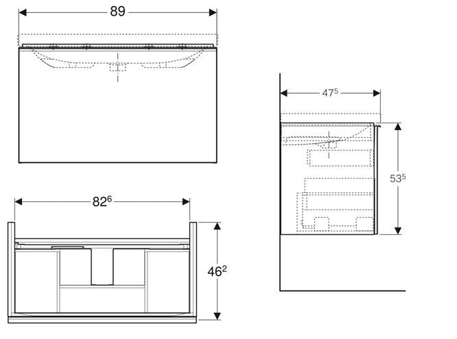 GEBERIT ACANTO skrinka pod umývadlo 89x47,5x53,5 cm, 1 zásuvka, čierna 500.612.16.1 Technický nákres