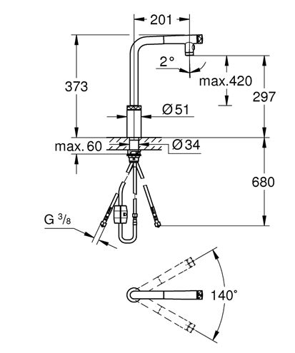 GROHE SMARTCONTROL drezová batéria, s vyťahovacou sprškou, chróm 31889000 Technický nákres