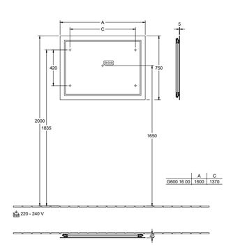 VILLEROY & BOCH FINION zrkadlo 160x75 cm, s osvetlením, s reguláciou teploty svetla G6001600 Technický nákres