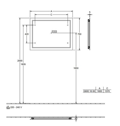 VILLEROY & BOCH FINION zrkadlo 160x75 cm, s osvetlením, s reguláciou teploty svetla G6001600 Technický nákres