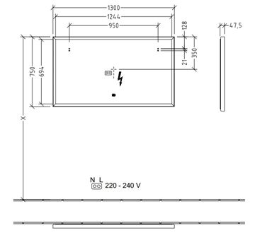 VILLEROY & BOCH SUBWAY 3.0 zrkadlo 130x75 cm, s osvetlením, s reguláciou stmievania a teploty svetla, so senzorom A4631300 Technický nákres
