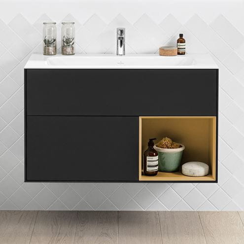 VILLEROY & BOCH FINION skrinka pod umývadlo 99,6x49,8x59,1 cm, 3 zásuvky, 1 polica, Push-open, s osvetlením, Black Matt Lacquer/Gold Matt G040HFPD Obrázek - fotka