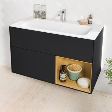 VILLEROY & BOCH FINION skrinka pod umývadlo 99,6x49,8x59,1 cm, 3 zásuvky, 1 polica, Push-open, s osvetlením, Black Matt Lacquer/Gold Matt G040HFPD Obrázek - fotka