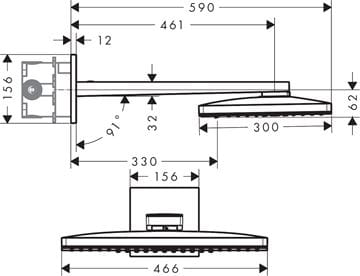 AXOR SHOWER SOLUTIONS 460/300 3JET horná sprcha 466x300 mm, 3 prúdy, s ramenom, chróm 35282000 Technický nákres