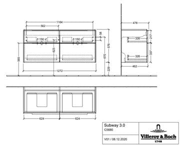 VILLEROY & BOCH SUBWAY 3.0 skrinka pod dvojumývadlo 127,2x47,8x57,6 cm, 4 zásuvky, Brilliant White C56800VE Technický nákres