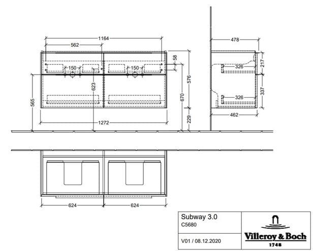 VILLEROY & BOCH SUBWAY 3.0 skrinka pod dvojumývadlo 127,2x47,8x57,6 cm, 4 zásuvky, Brilliant White C56800VE Technický nákres