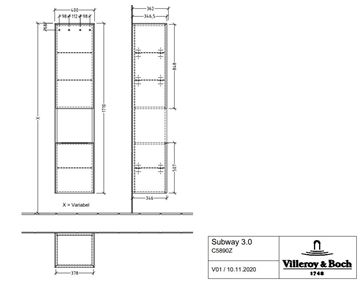 VILLEROY & BOCH SUBWAY 3.0 vysoká skrinka 40x36,2x171 cm, 2 dvierka, 1 polica, pánty vpravo, Brilliant White C58900VE Technický nákres