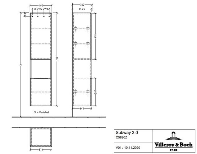 VILLEROY & BOCH SUBWAY 3.0 vysoká skrinka 40x36,2x171 cm, 2 dvierka, 1 polica, pánty vpravo, Brilliant White C58900VE Technický nákres
