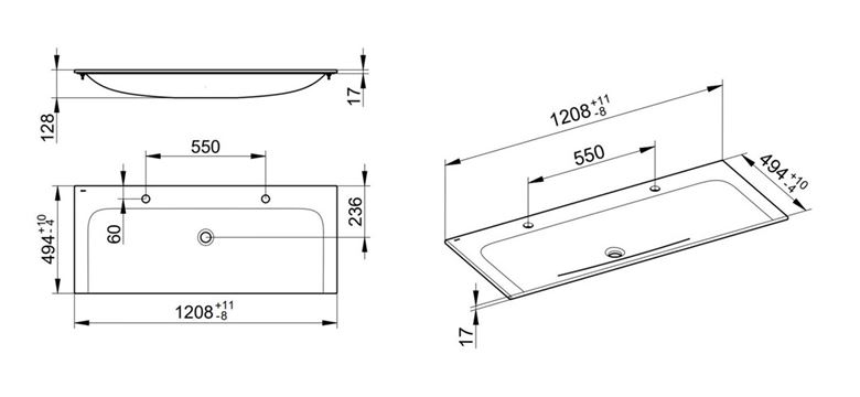 KEUCO PLAN dvojumývadlo 120,8 cm, s 2 otvormi pre batérie, bez prepadu, CleanPlus 32980311202 Technický nákres