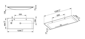 KEUCO PLAN dvojumývadlo 120,8 cm, s 2 otvormi pre batérie, bez prepadu, CleanPlus 32980311202 Technický nákres