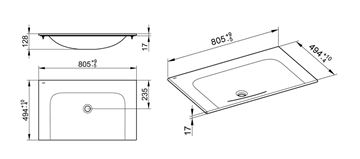 KEUCO PLAN umývadlo 80,5 cm, bez otvoru pre batériu, bez prepadu, CleanPlus 32960318000 Technický nákres