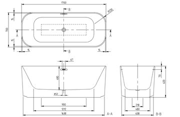 VILLEROY & BOCH FINION voľne stojaca vaňa 170x70 cm, pre 2 osoby, quaryl UBQ177FIN7A100V201 Technický nákres