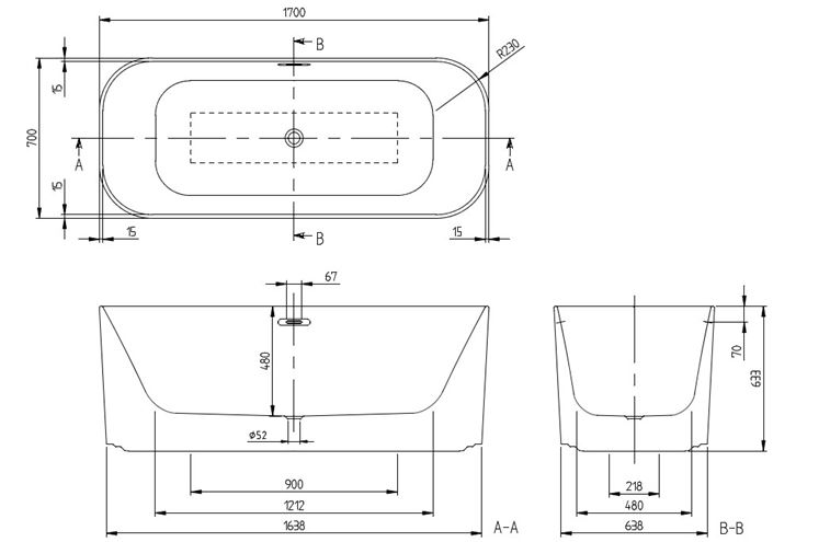 VILLEROY & BOCH FINION voľne stojaca vaňa 170x70 cm, pre 2 osoby, quaryl UBQ177FIN7A100V201 Technický nákres