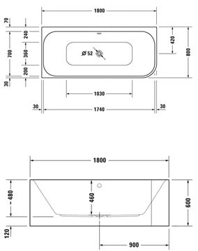 DURAVIT HAPPY D.2 rohová vaňa 180x80 cm, pre 2 osoby, s nožičkami, akrylát, biela/grafitová matná 700449800000000 Technický nákres