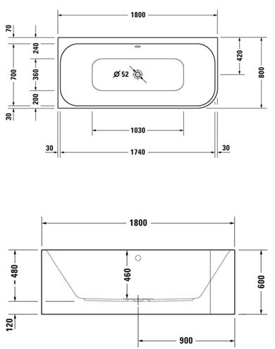 DURAVIT HAPPY D.2 rohová vaňa 180x80 cm, pre 2 osoby, s nožičkami, akrylát, biela/grafitová matná 700449800000000 Technický nákres