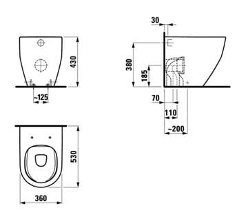 LAUFEN PRE stacionárne WC, Rimless splachovanie, vario odpad H8229560000001 Technický nákres