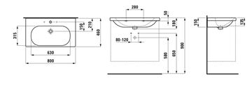 LAUFEN LUA umývadlo 80 cm, s otvorom pre batériu a prepadom H8100870001041 Technický nákres