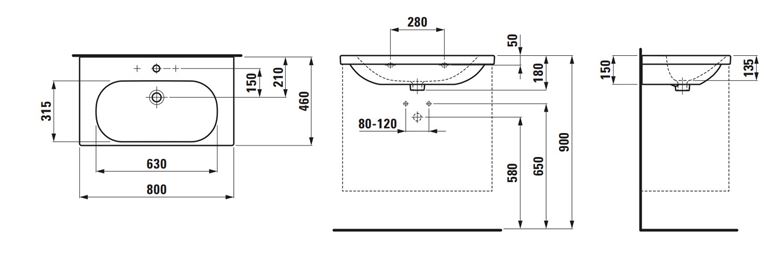 LAUFEN LUA umývadlo 80 cm, s otvorom pre batériu a prepadom H8100870001041 Technický nákres