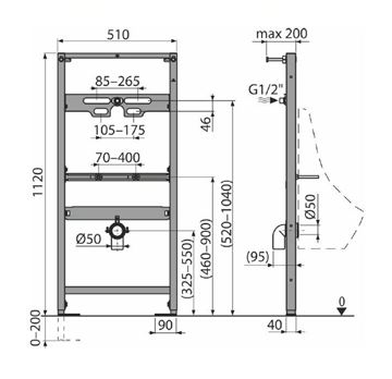 EASY montážny rám pre pisoár 117 cm EAM4.120 Technický nákres