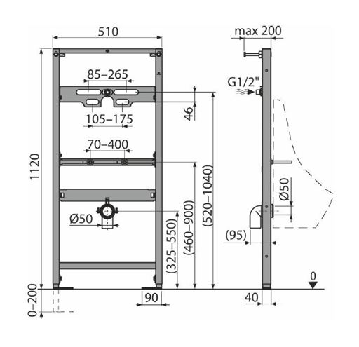 EASY montážny rám pre pisoár 117 cm EAM4.120 Technický nákres