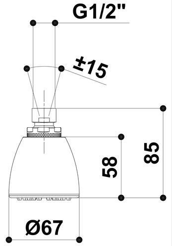 RAF horná sprcha pr. 67 mm, 3 prúdy, chróm S020 Technický nákres