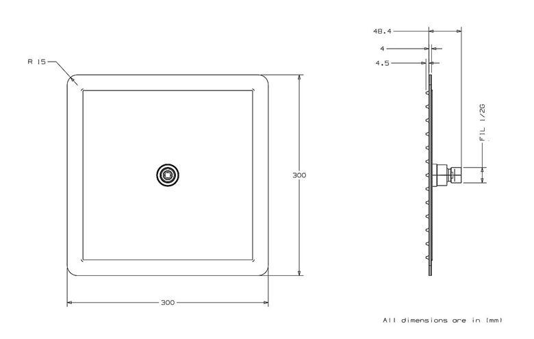 CONCEPT 300 FLAT horná sprcha 300x300 mm, chróm PM10010/CO Technický nákres