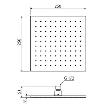 CONCEPT 200 BLACK horná sprcha 250x250 mm, matná čierna PM07068/MB Technický nákres