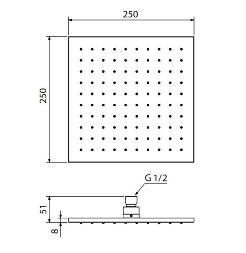 CONCEPT 200 BLACK horná sprcha 250x250 mm, matná čierna PM07068/MB Technický nákres