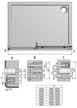 ROTH AMBIENT LINE AMD2/1300 sprchové dvere 130x200 cm, posuvné, brillant/sklo transparent 620-1300000-00-02 Technický nákres