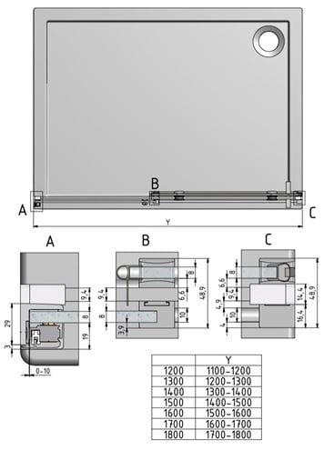 ROTH AMBIENT LINE AMD2/1300 sprchové dvere 130x200 cm, posuvné, brillant/sklo transparent 620-1300000-00-02 Technický nákres