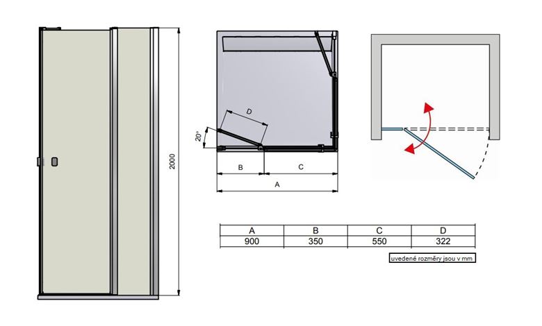 CONCEPT 200 sprchové dvere 90x200 cm, lietacie, aluchróm/sklo číre CON130905007 Technický nákres