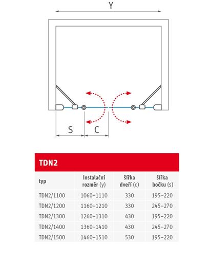 ROTH TOWER LINE TDN2/1400 sprchové dvere 140x200 cm, lietacie, brillant/sklo transparent 721-1400000-00-02 Technický nákres