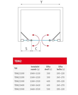 ROTH TOWER LINE TDN2/1400 sprchové dvere 140x200 cm, lietacie, brillant/sklo transparent 721-1400000-00-02 Technický nákres