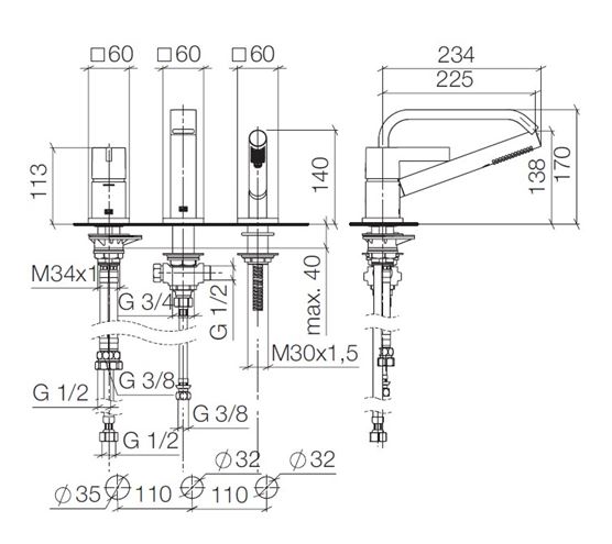 DORNBRACHT IMO batéria na okraj vane, 3-otvorová, so sprchovou súpravou, chróm 27 412 670-00 Technický nákres