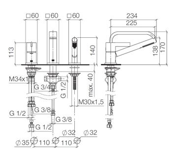 DORNBRACHT IMO batéria na okraj vane, 3-otvorová, so sprchovou súpravou, chróm 27 412 670-00 Technický nákres